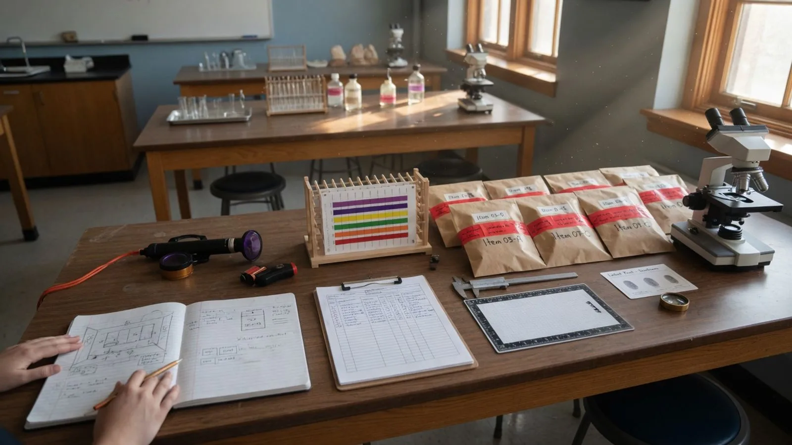 A forensic science lab on a quiet Saturday morning: paired benches with sealed evidence bags and chain-of-custody tape, a comparison microscope, a hand lens beside a lifted fingerprint card, a drying chromatography plate, and an open case notebook with a scene sketch.