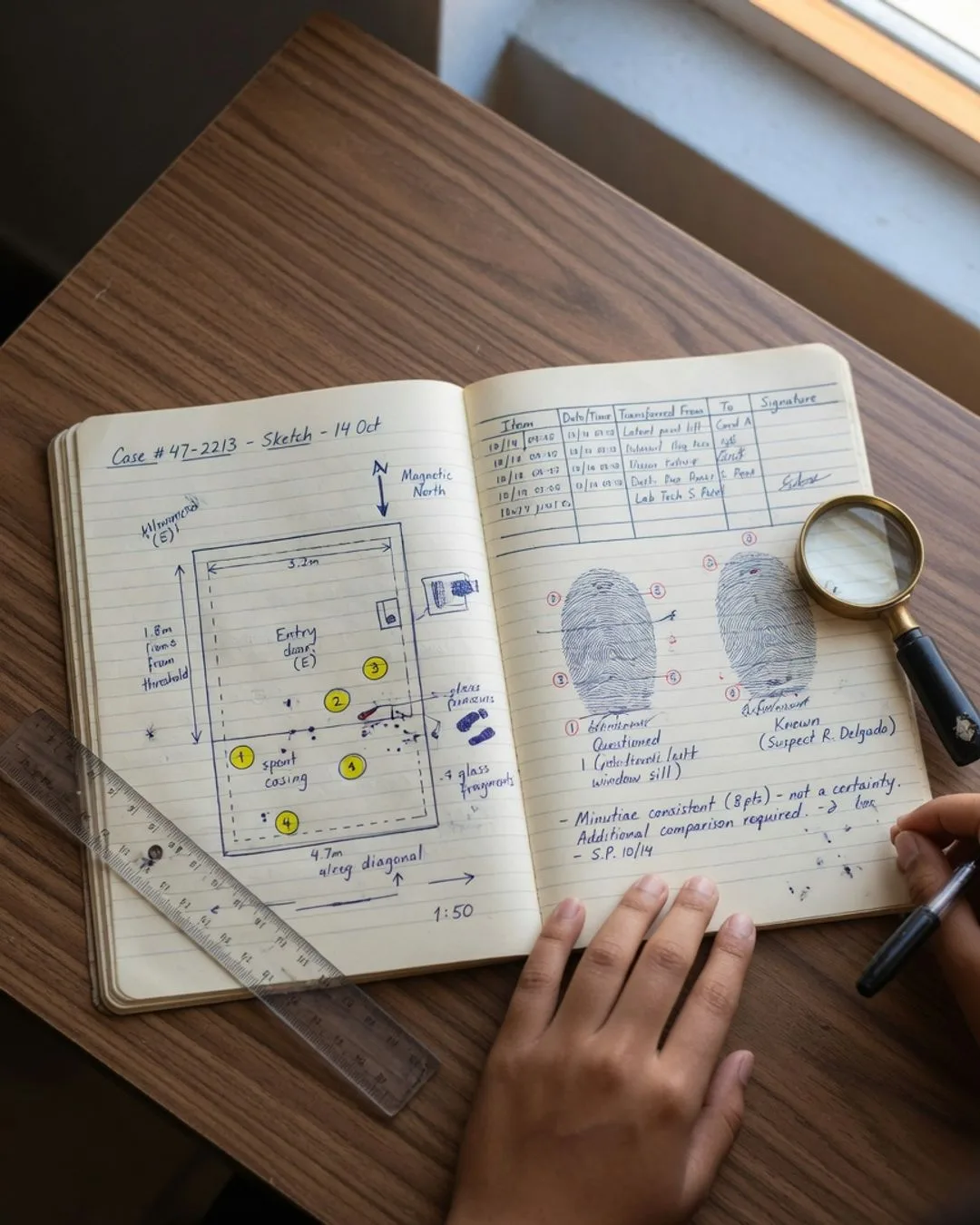 An open forensic case notebook: a measured scene sketch on the left page, a chain-of-custody log and a fingerprint minutiae comparison on the right.
