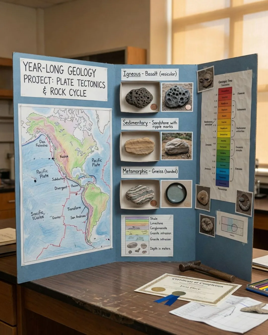 A tri-fold presentation board for a capstone defense, data tables and a cross-section pinned across its three panels.