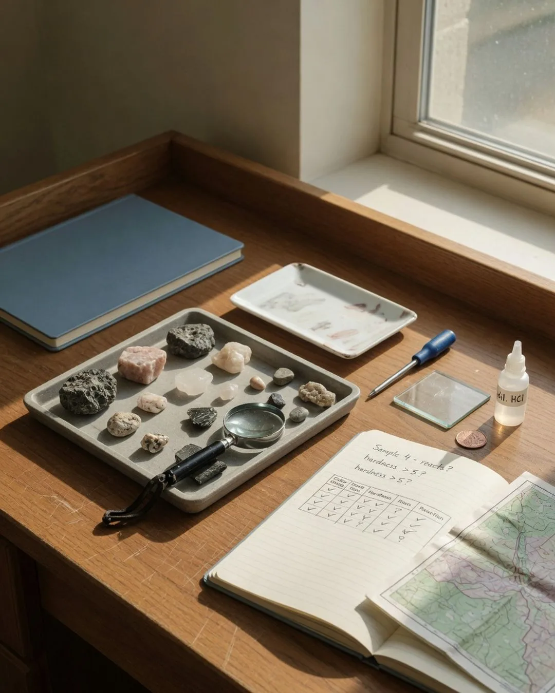 A quiet Saturday-morning geology lab: paired benches, a specimen tray of labeled rocks and minerals, a hand lens and streak plate, and an open field notebook in warm natural light.