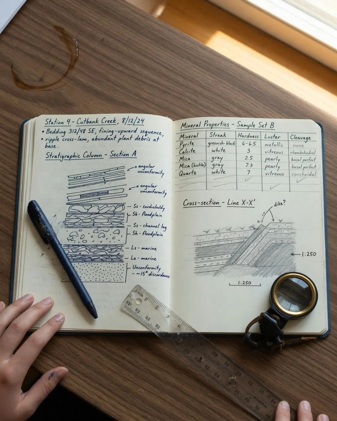 An open lab notebook: the left page holds field observations and a stratigraphic column with an angular unconformity, the right page a mineral-properties table and a penciled cross-section.