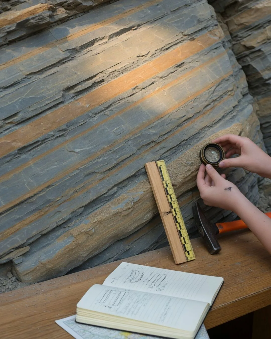 A roadcut outcrop of tilted, layered sedimentary beds with a rock hammer and a scale bar propped against the face, and a hand holding a loupe to one bed.