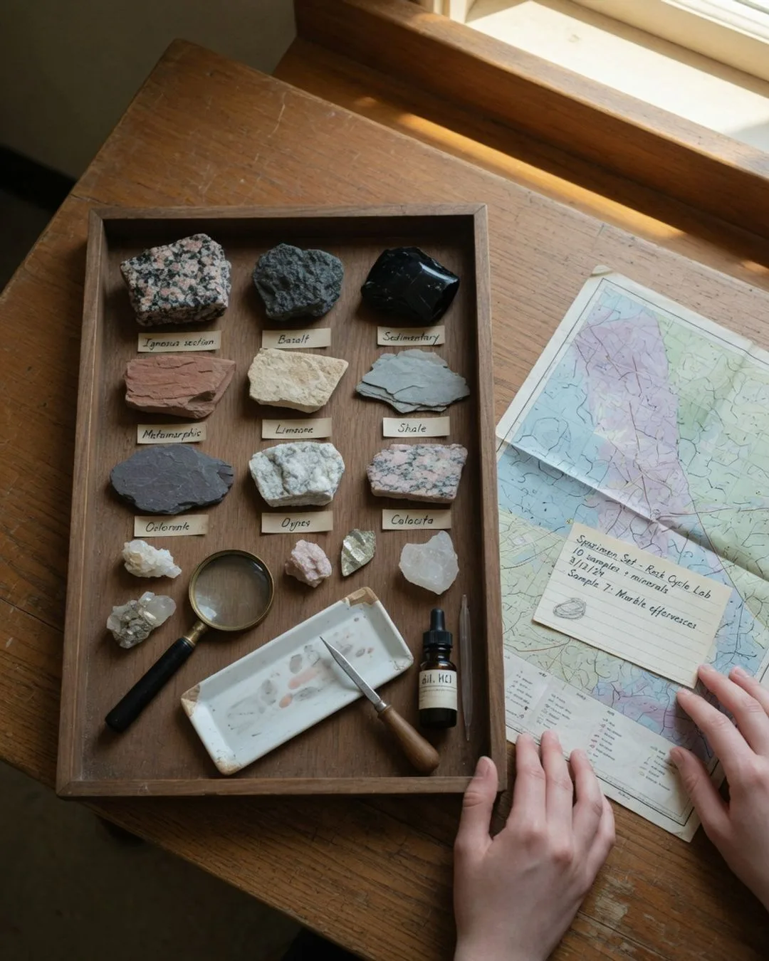 A labeled tray of rock and mineral specimens with a hand lens, streak plate, and Mohs hardness kit arranged ready for careful identification.