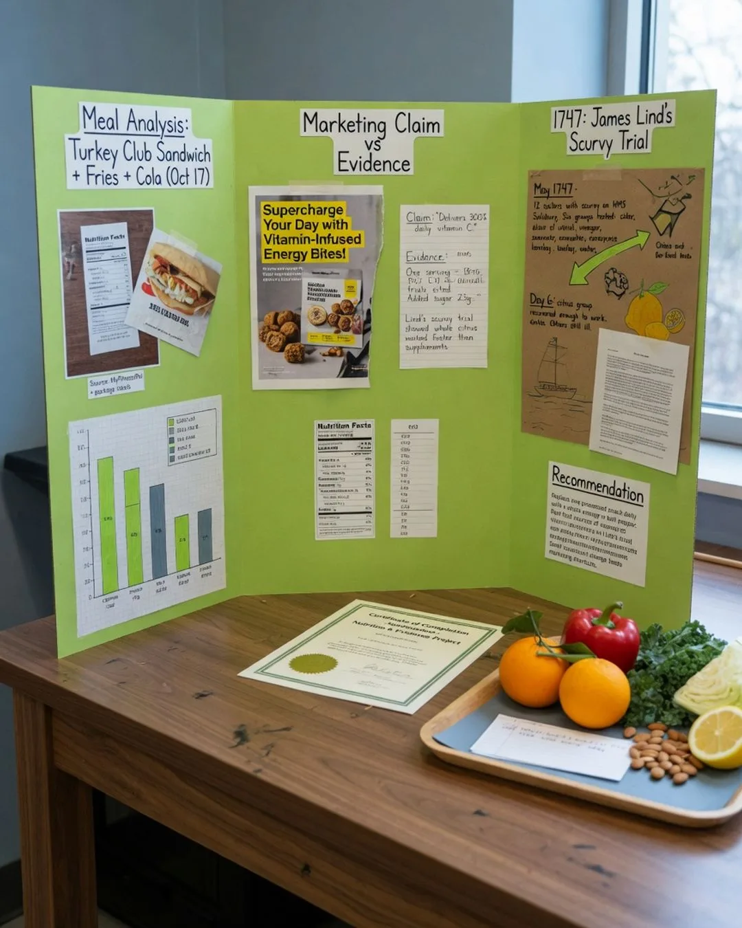 A tri-fold presentation board for a nutrition-analysis defense — panels on meal analysis, marketing claim versus evidence, and James Lind's 1747 scurvy trial — with nutrition labels, charts, a recommendation, and a tray of whole foods on the table.
