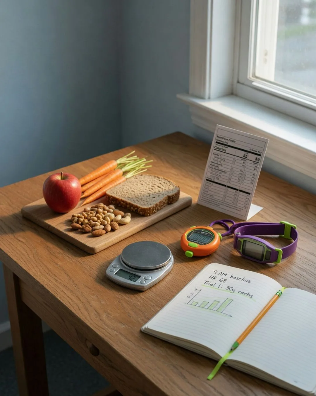 A quiet Saturday-morning health & nutrition bench: paired workstations, a food scale, a nutrition label and a heart-rate monitor, and an open lab notebook in warm natural light.