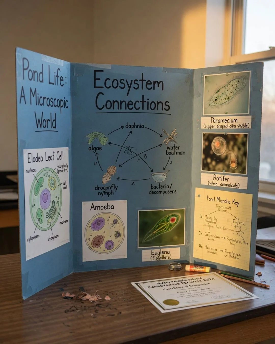 A folded tri-fold display board covered with hand-drawn cell diagrams, a food-web chart, labeled pond-water photos, and a dichotomous key, with a certificate just visible at the edge.
