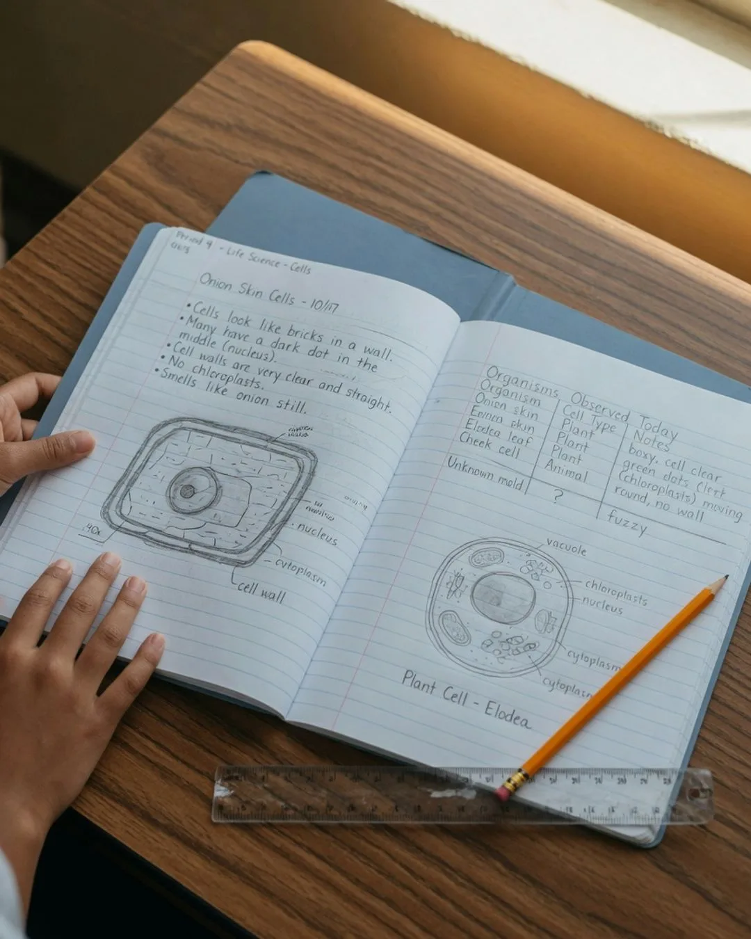 An open lab notebook spread with handwritten observations, a labeled cell sketch, and a tidy table of organisms.