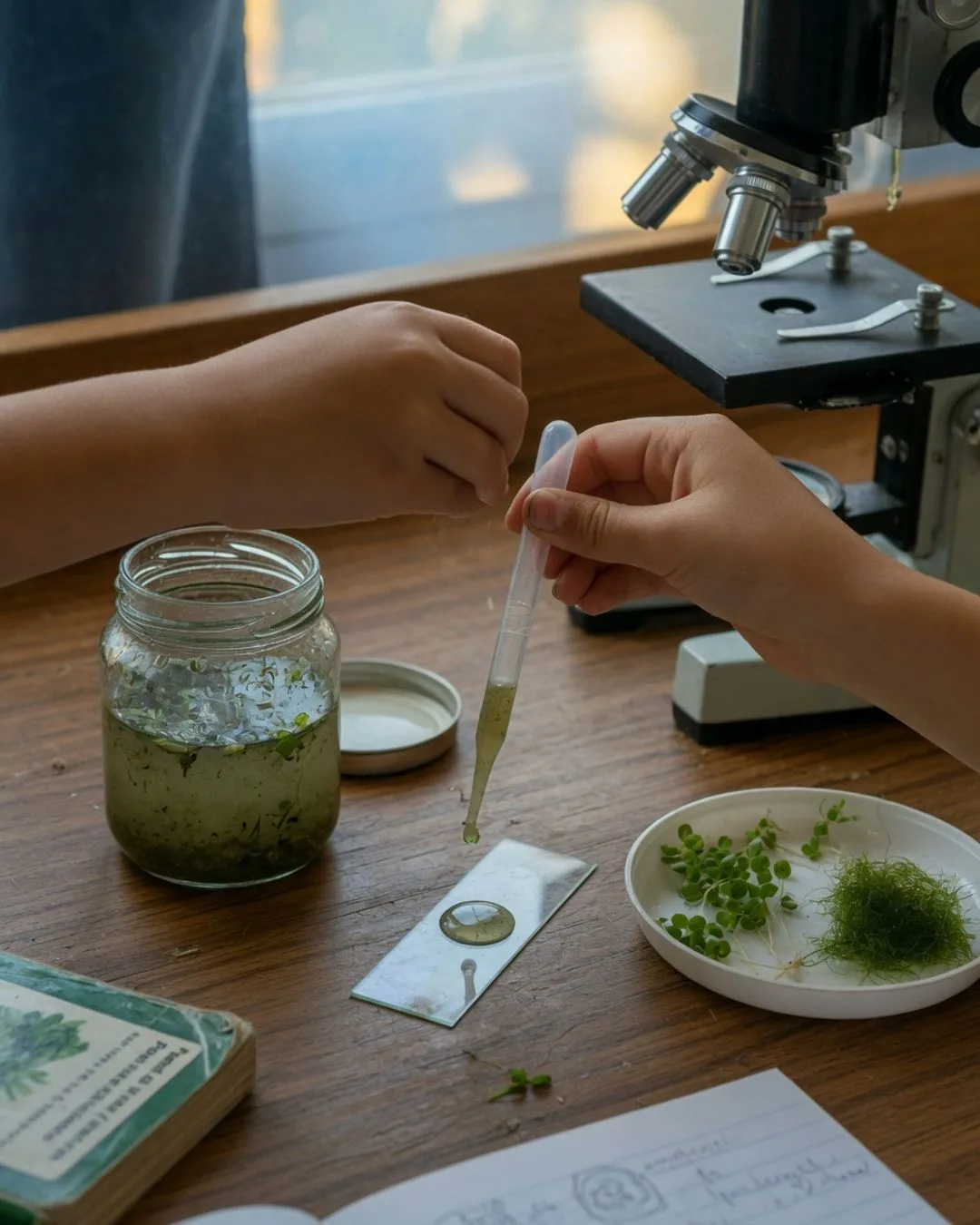 A jar of cloudy pond water beside a microscope, with a pipette lifting a single drop onto a glass slide to hunt for tiny living things.
