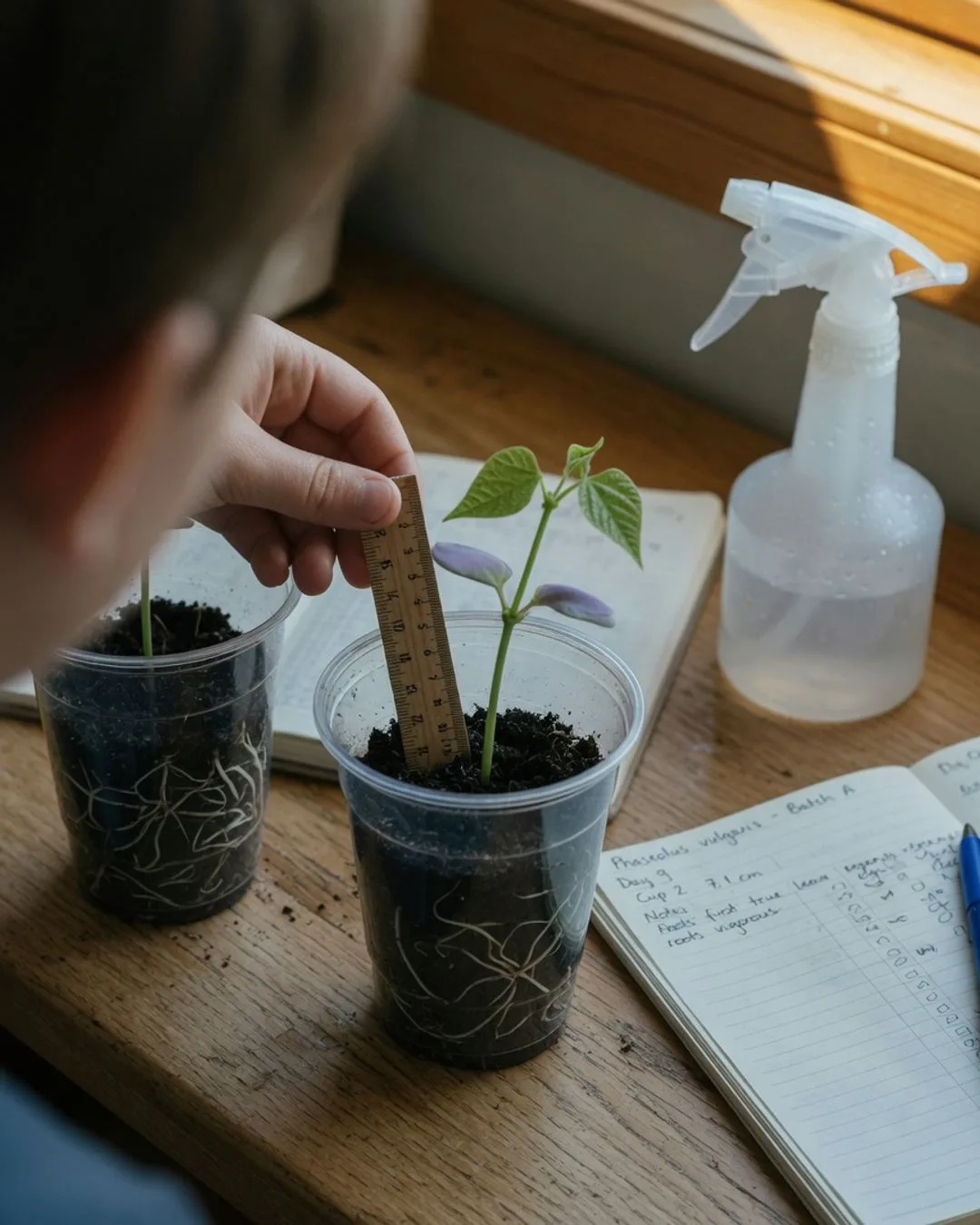 Young bean seedlings in clear cups of soil on a sunny windowsill, their pale roots pressed against the cup walls, with a ruler measuring how tall each stem has grown.