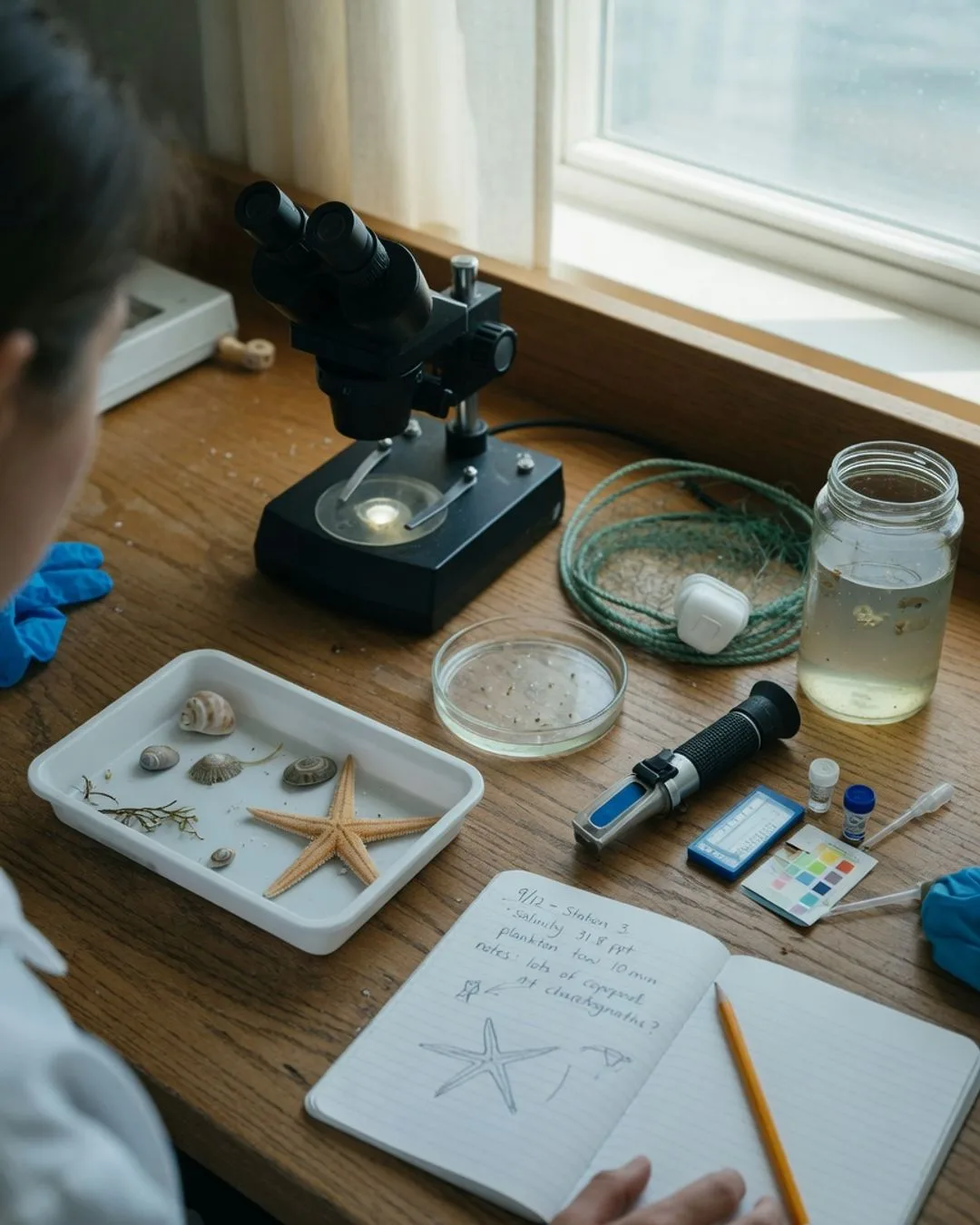 A quiet marine biology bench in the morning: a stereo microscope, a coiled plankton net beside a jar of sample water, a specimen tray with shells and a sea star, a refractometer, and an open lab notebook in warm natural light.