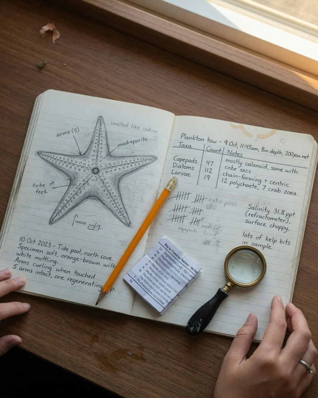 An open lab notebook spread with a handwritten organism sketch, dated observations, and a tidy plankton-count data table.