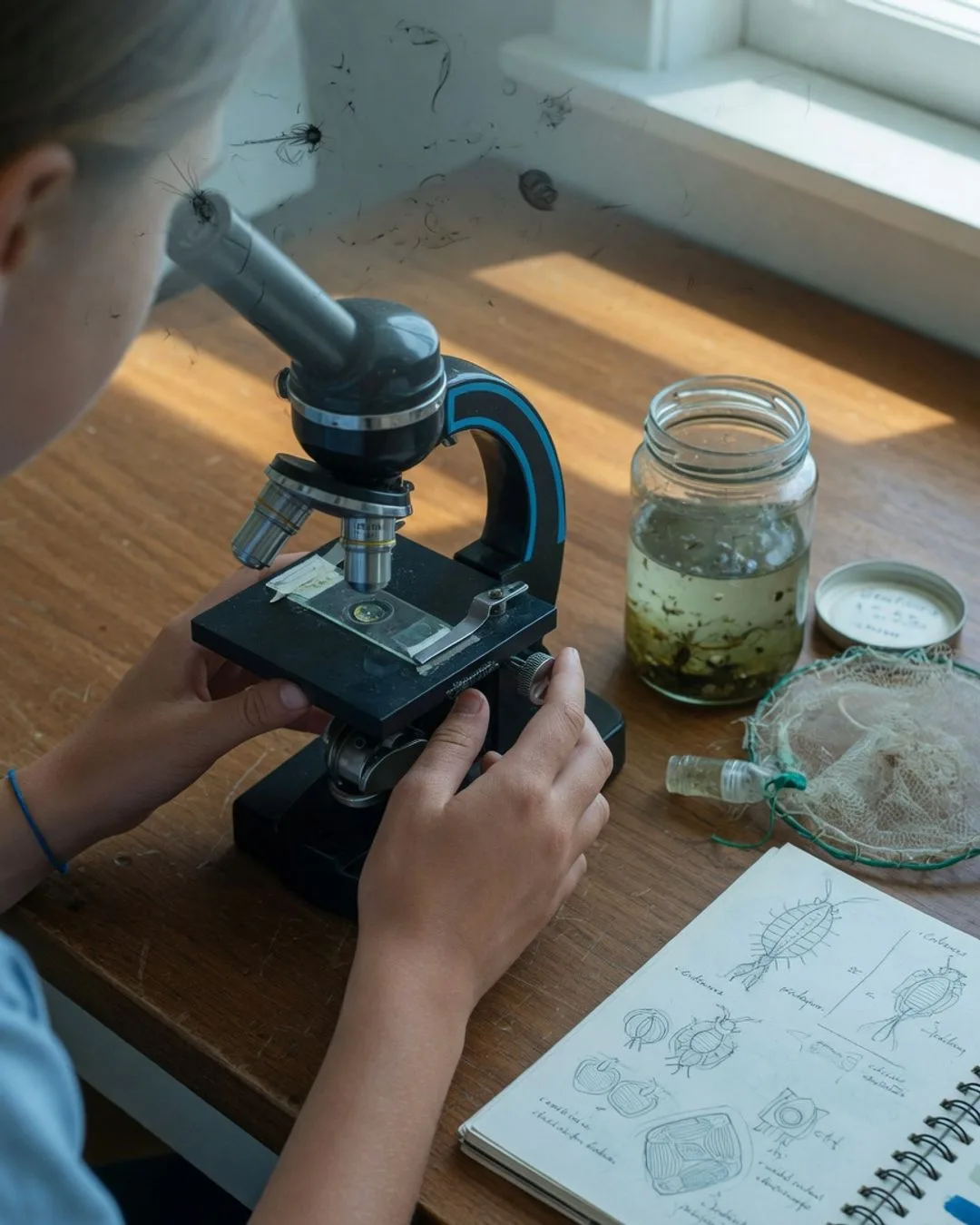 A compound microscope on a marine bench with a prepared slide of a plankton tow, a jar of greenish sample water and a coiled plankton net beside it.