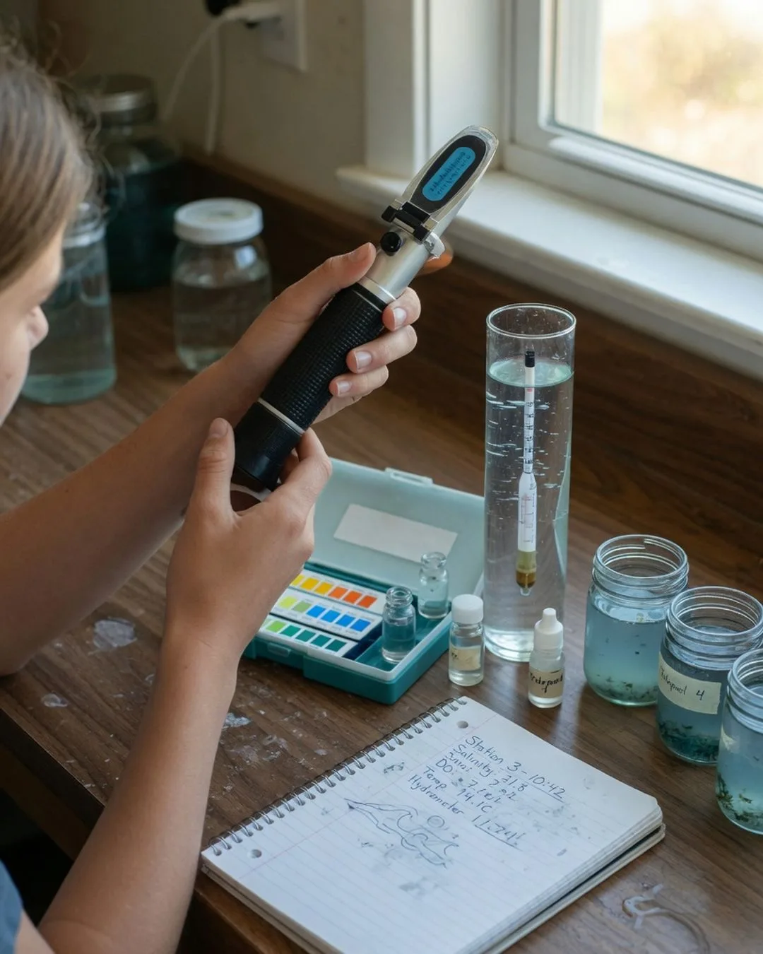 A student holds a refractometer up to the light to read salinity, a hydrometer floating in a cylinder of seawater beside a water-test kit and labeled sample jars, with a notebook recording salinity, temperature, and dissolved oxygen.
