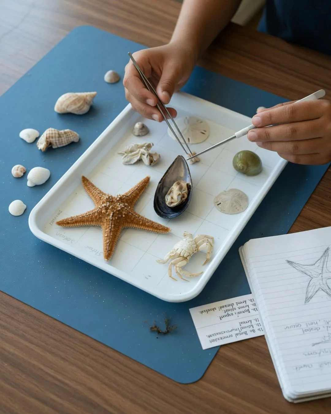 A white specimen tray with a preserved sea star, a mussel and assorted seashells, examined with fine forceps beside a dichotomous key.