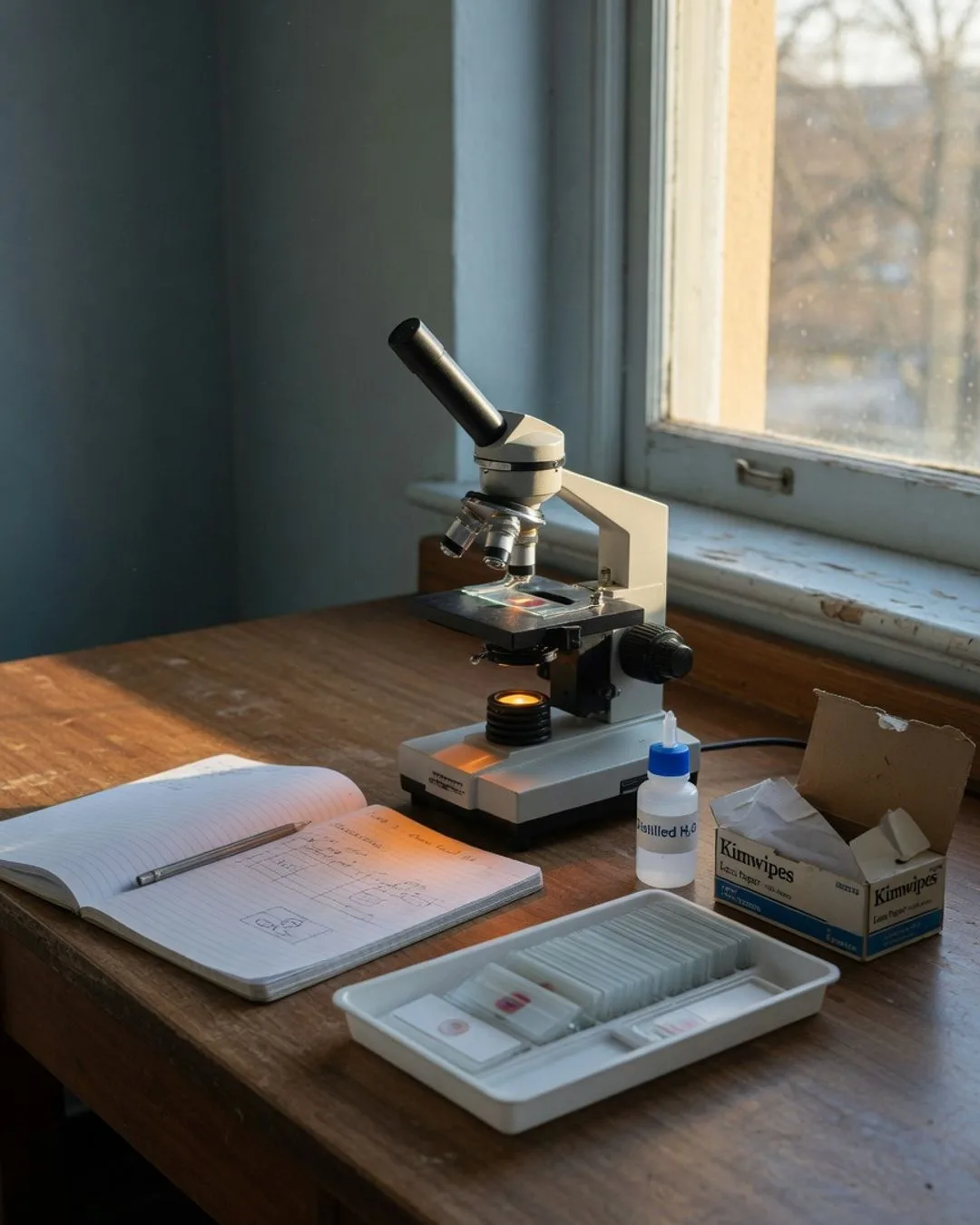 A quiet Saturday-morning microscopy lab: paired benches, compound microscopes and slide trays, and an open lab notebook in warm natural light.