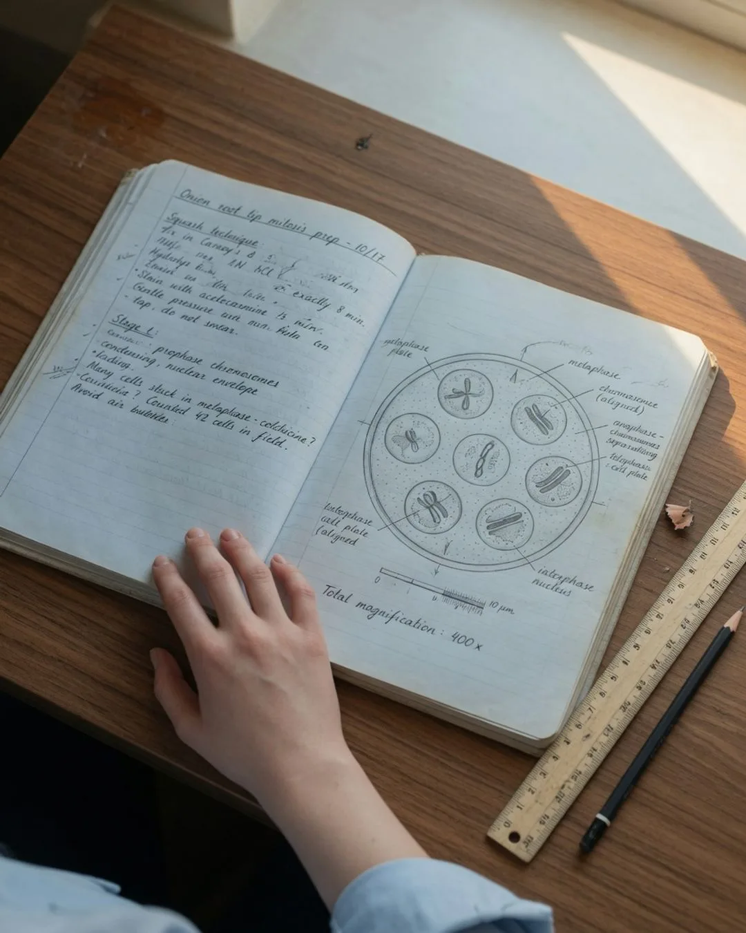 An open lab notebook spread with handwritten observations, a labeled specimen drawing, and a tidy scale bar.