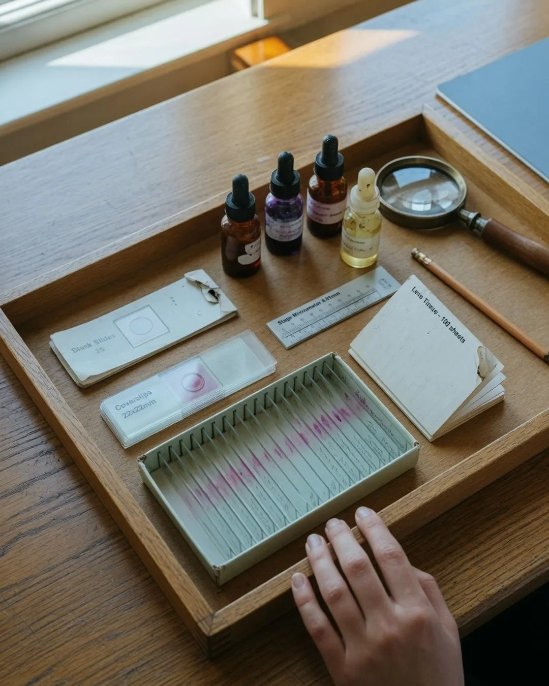 A tray of prepared slides and a stage micrometer arranged beside a compound microscope, ready for careful measurement under the scope.