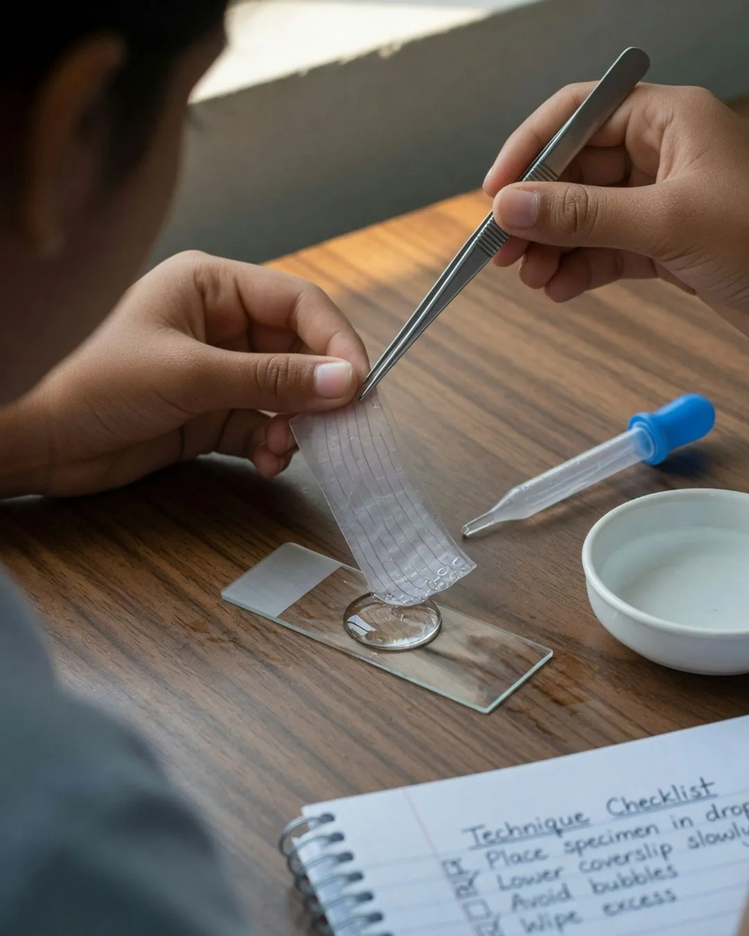 A student lowering a coverslip over a drop on a slide, easing out the bubbles to trap the specimen for viewing.