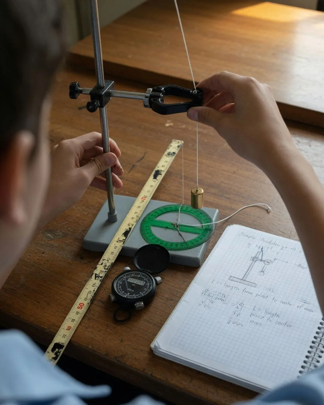 A student-built rig on a workbench: a ring stand and clamp holding a string and a swinging mass set up to measure g, with a meter stick, protractor, and stopwatch.