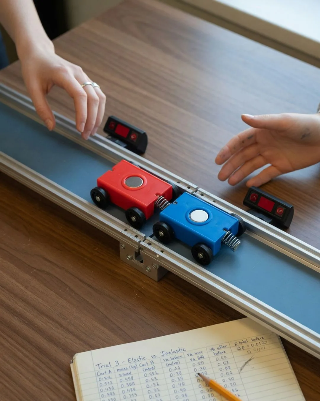Two low-friction carts colliding on a level track as a student times the motion with photogates.