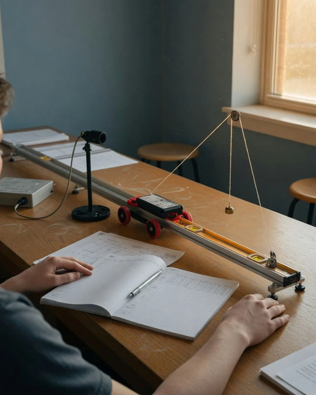 A quiet Saturday-morning physics lab: paired benches with a dynamics track, cart, photogate, and an open lab notebook in warm natural light.