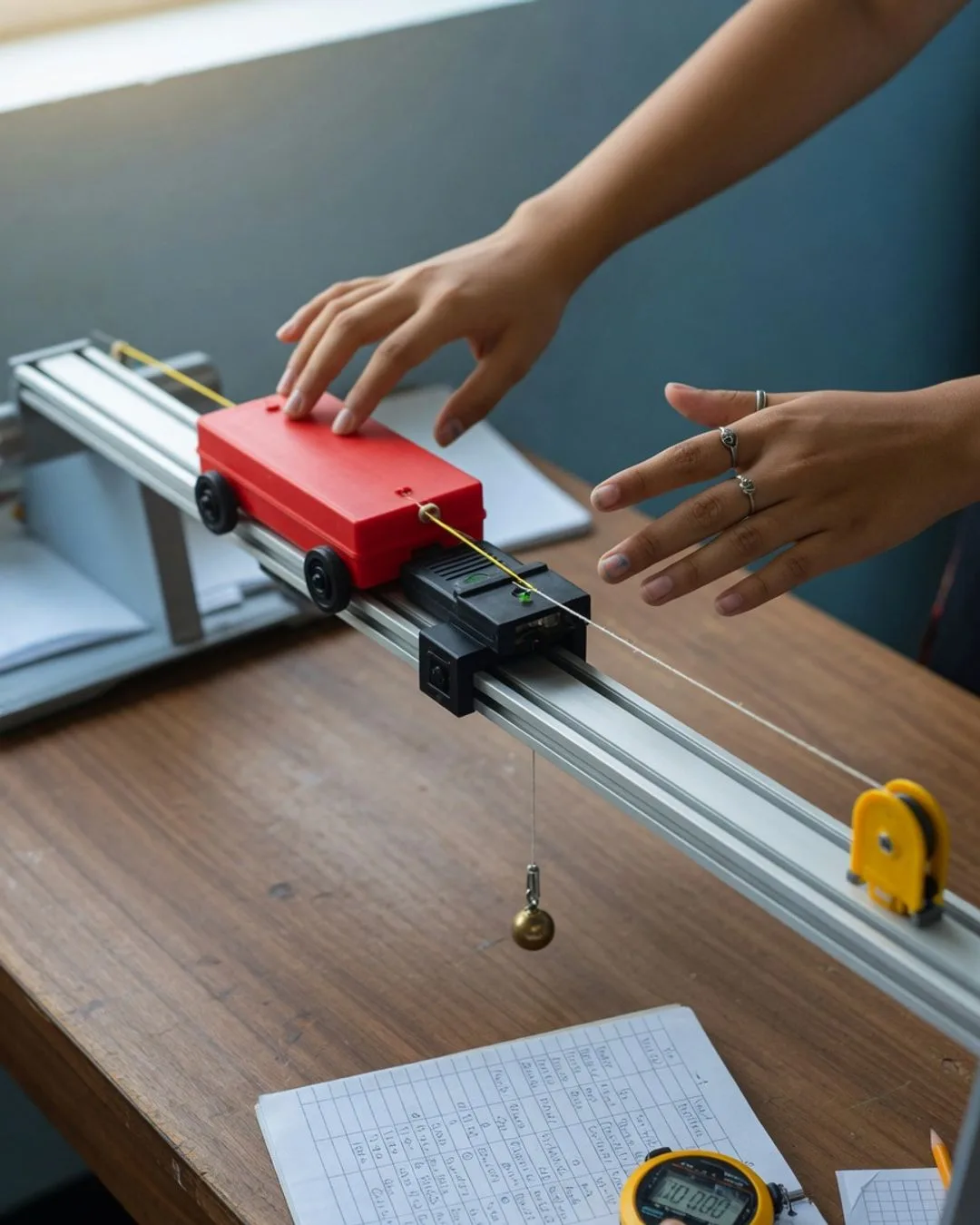 A low-friction cart on an aluminum dynamics track passing through a photogate timer, a string over an end pulley to a small hanging mass.