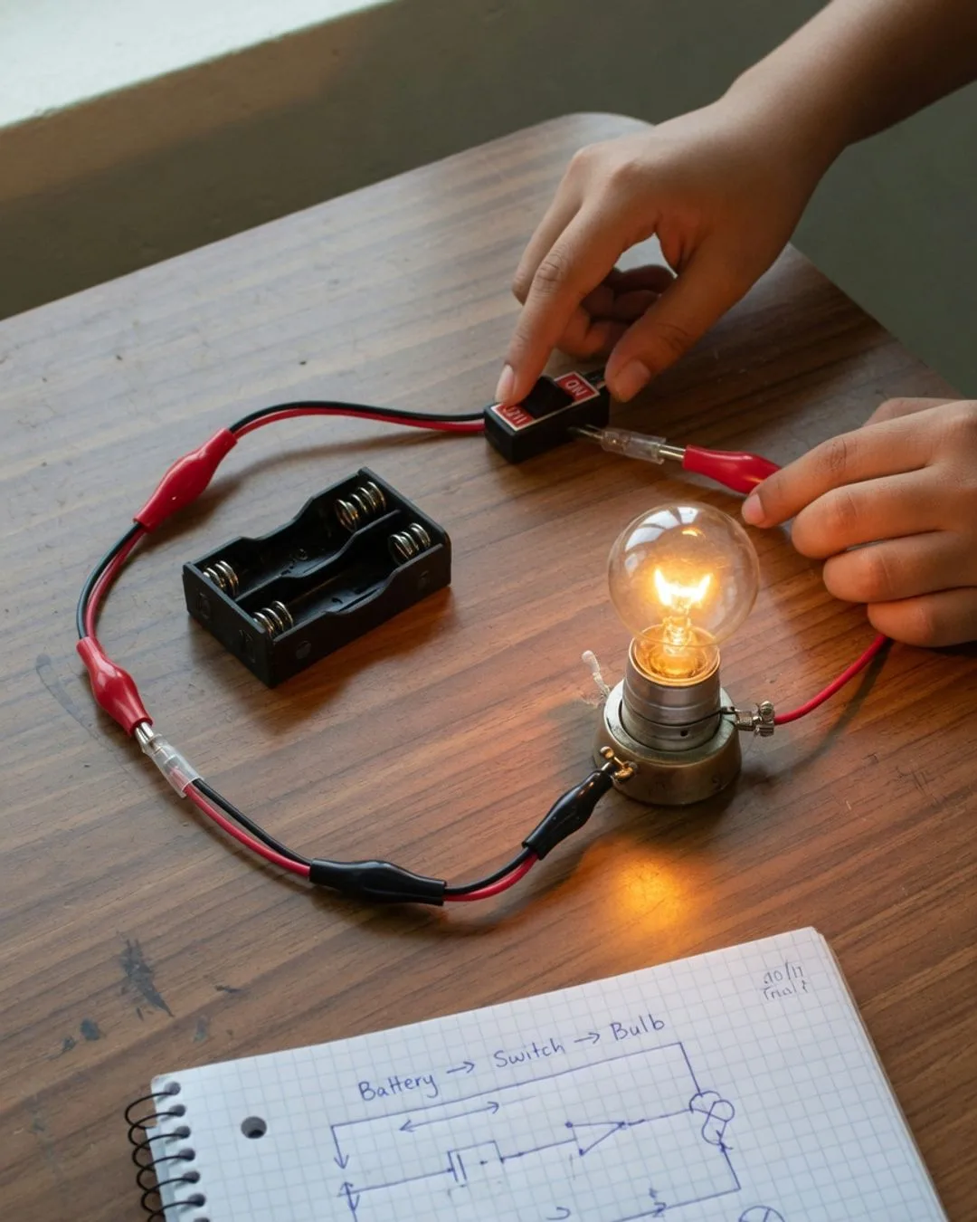 A simple series circuit with a battery, a switch, and a small bulb glowing in a complete loop of wire.