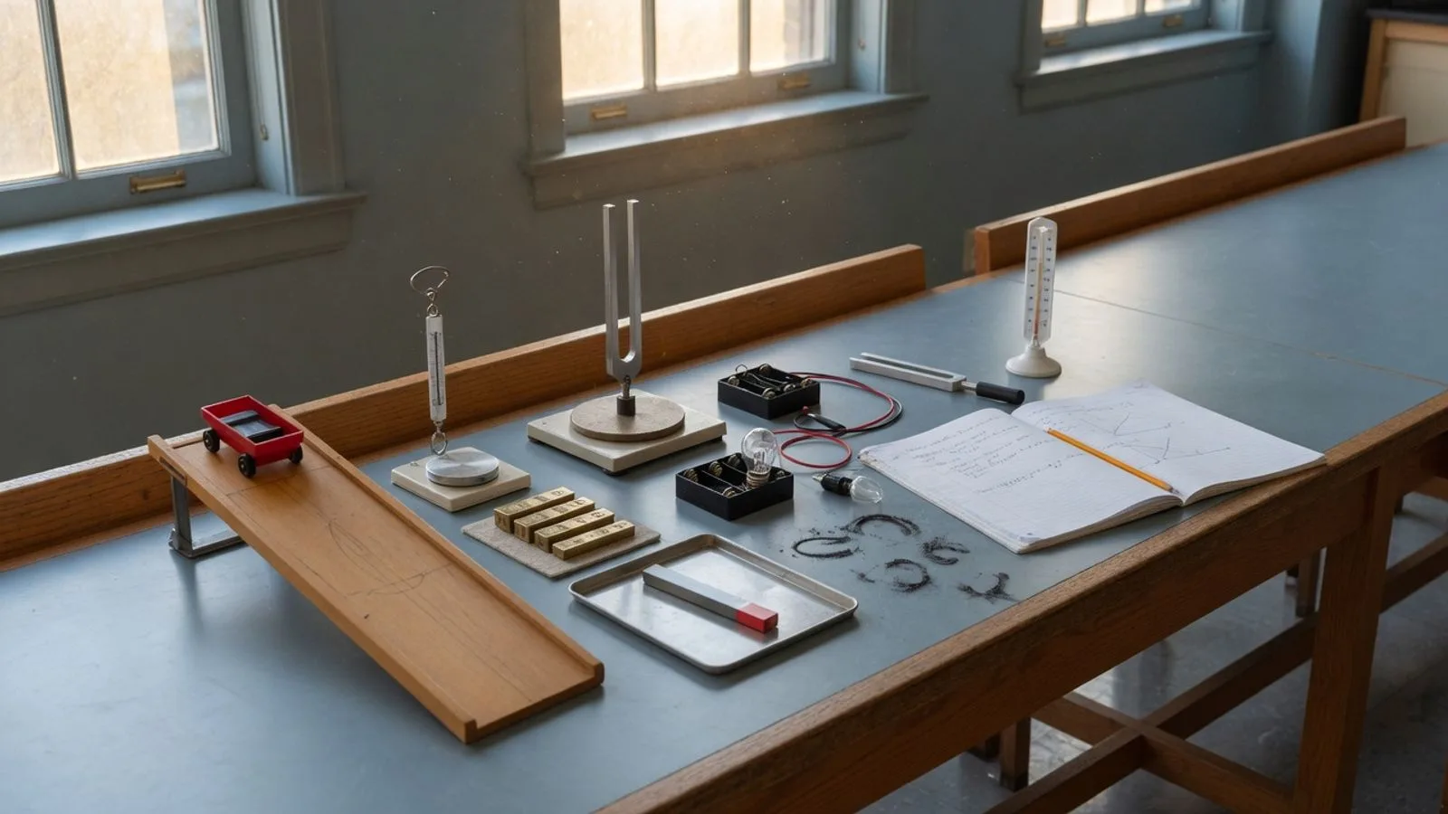 A middle-school science lab bench: a wooden ramp with a toy cart, a spring scale and masses, a battery-and-bulb circuit, a bar magnet on iron filings, a thermometer, and an open lab notebook.