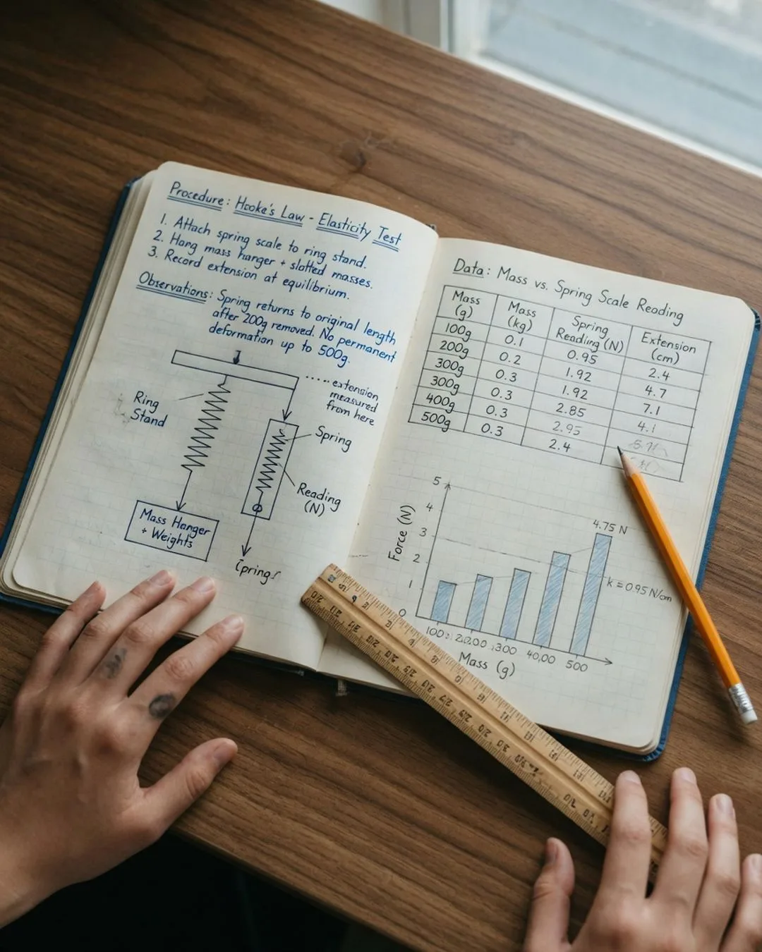 An open lab notebook spread with handwritten observations, a labeled circuit diagram, and a tidy data table.