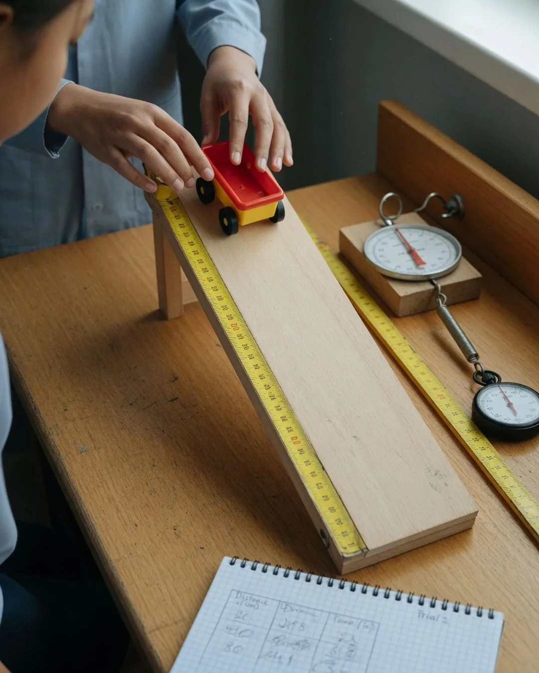 A toy cart on a smooth wooden ramp with a meter stick and a stopwatch, set up to measure how fast the cart rolls.