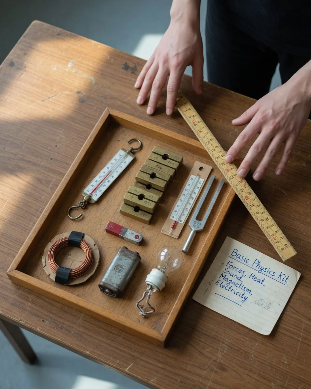 A tray of basic lab equipment &mdash; a spring scale, masses, a thermometer, a tuning fork, a bar magnet, a wire coil, a battery, and a bulb &mdash; laid out ready to use.