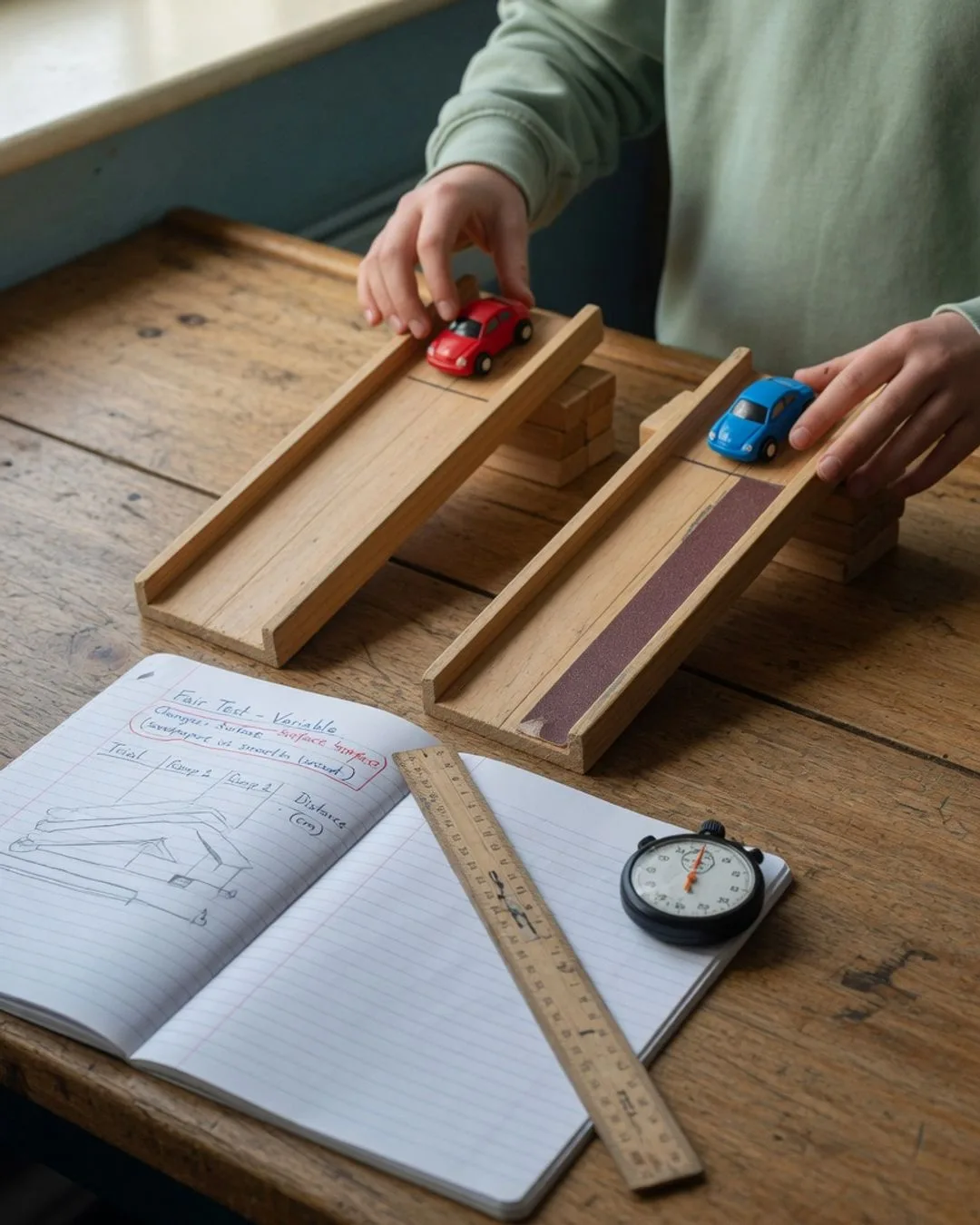 A student setting up a controlled ramp test: a toy car at the top of a board propped to a set height, a ruler marking the release point, and a stopwatch ready to time the roll.