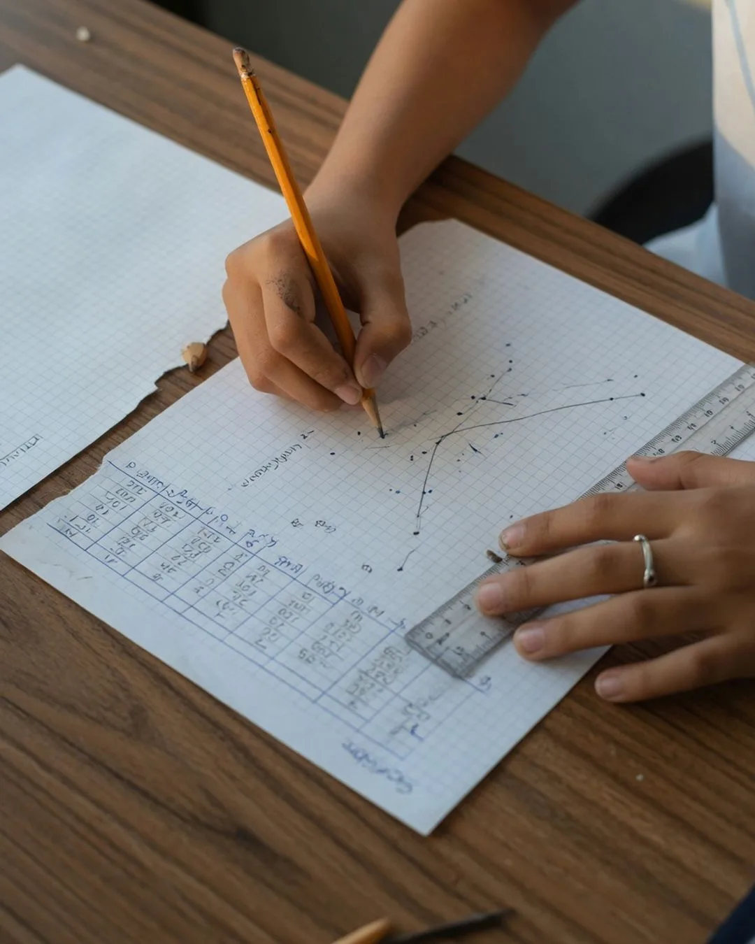 A student's hands plotting data points on graph paper and drawing a line through them with a clear ruler, a hand-drawn data table on the same sheet &mdash; turning a column of numbers into a picture of the pattern.