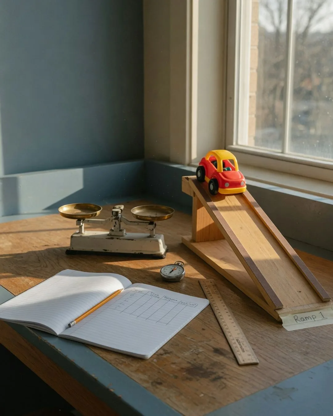 A quiet Saturday-morning science bench in warm window light, set up for a fair test: a balance, a stopwatch, a wooden ruler, an open lab notebook with a data table, and a small wooden ramp with a toy car at the top.