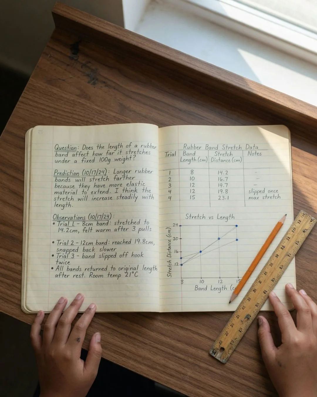 An open lab notebook spread: a handwritten question, prediction, and dated observations on the left page, and a ruled data table with a hand-drawn line graph on the right, a ruler and pencil resting on it.