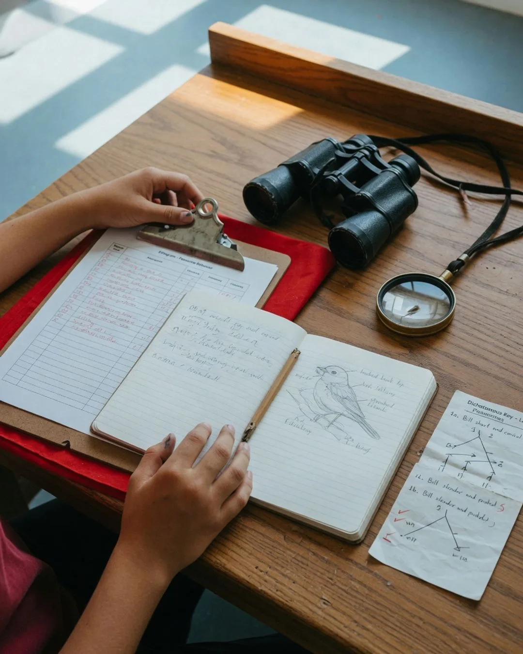 A naturalist's field spread &mdash; a pair of binoculars, an ethogram clipboard, a hand lens, and an open notebook with a labeled bird sketch beside a dichotomous key.