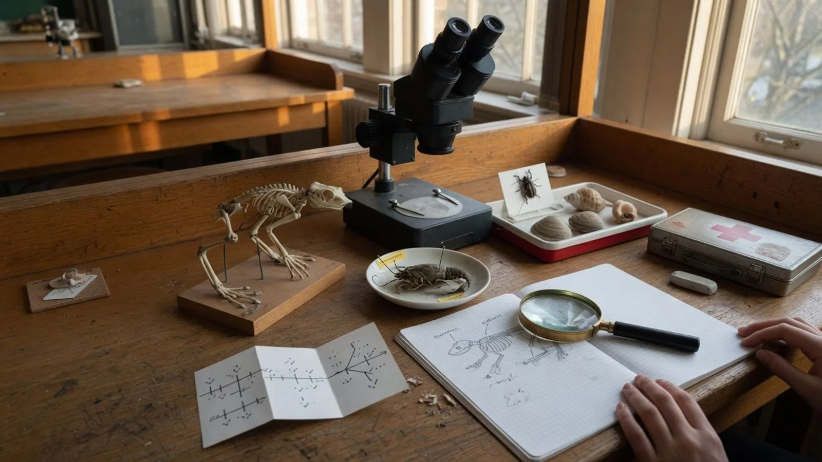 A zoology bench on a quiet Saturday morning: a stereo microscope and a hand lens, a dissection kit beside a specimen tray of preserved invertebrates, a comparative skeletal model and a dichotomous key, and an open lab notebook with an animal sketch.