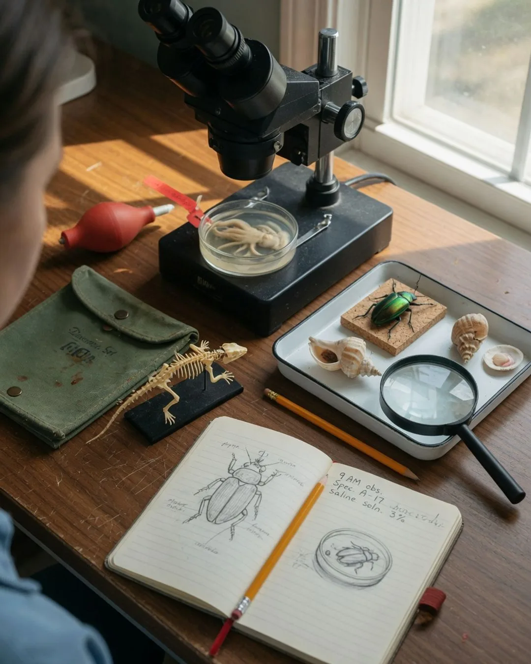 A quiet Saturday-morning zoology bench: a stereo microscope, a dissection kit beside a specimen tray of preserved invertebrates, a hand lens and a dichotomous key, a comparative skeletal model, and an open lab notebook with an animal sketch in warm natural light.