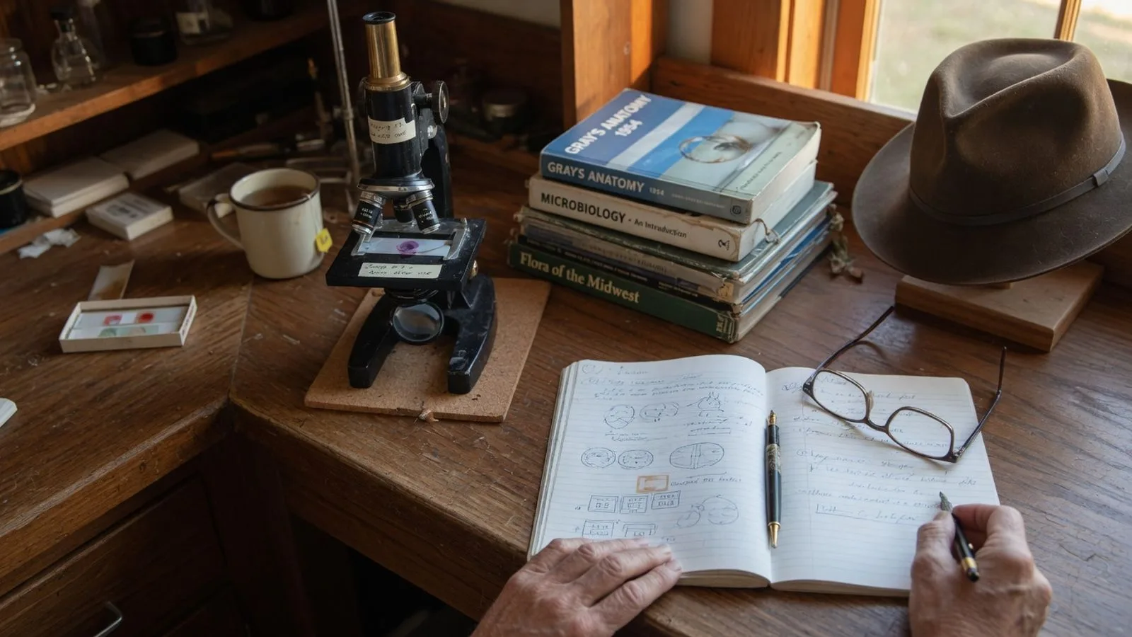 An experienced biology teacher's bench: a well-used microscope, reference books, an open lab notebook of handwritten notes, reading glasses, and a brown felt fedora under warm light.