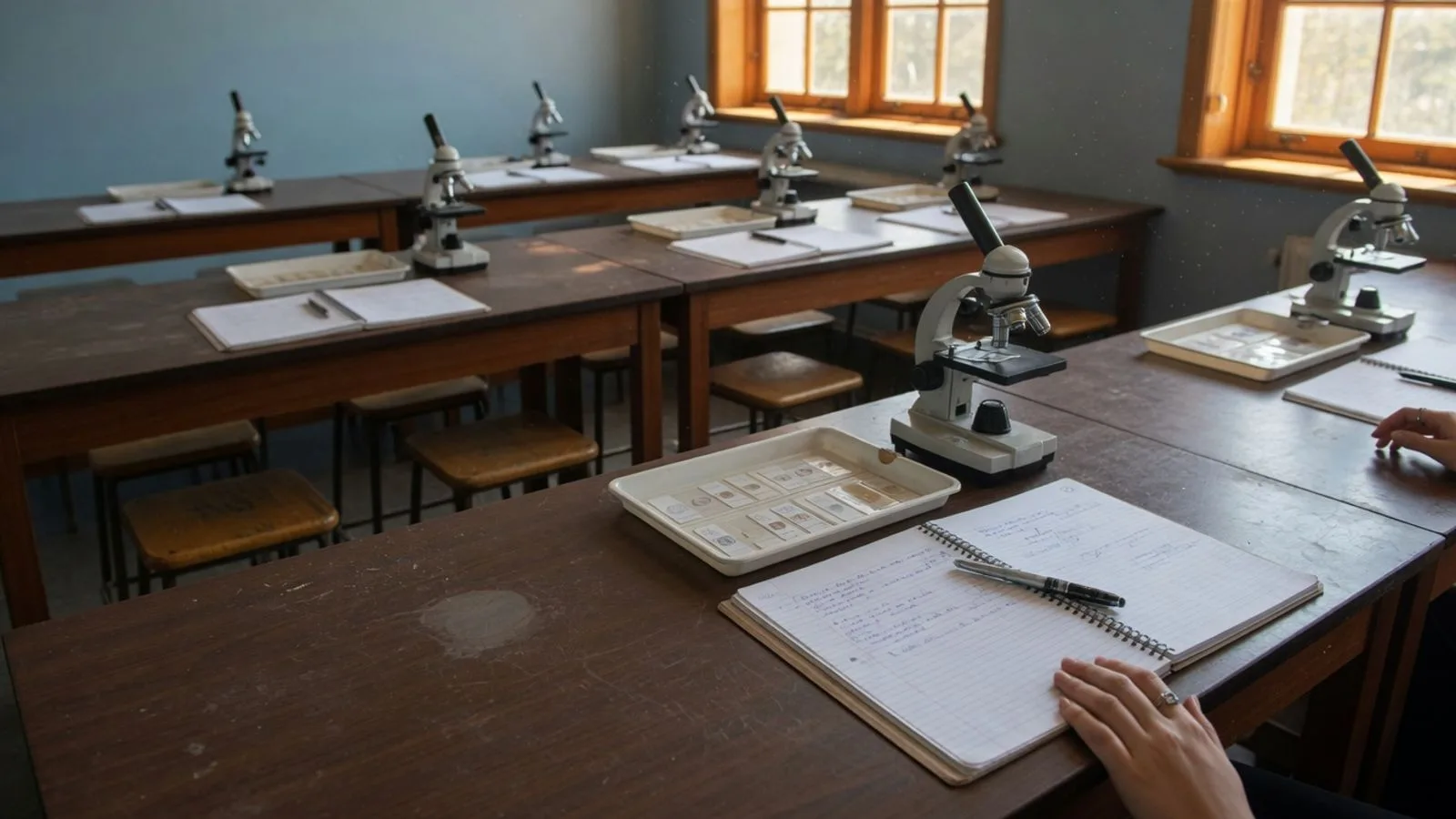 A high-school science lab at 9 AM: paired wooden benches with compound microscopes, slide trays, and open lab notebooks.