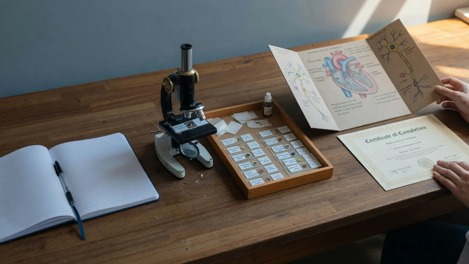A lab bench arranged left-to-right to show a student's progression: a fresh lab notebook, a microscope with hand-labeled slides, and a tri-fold capstone display board with a certificate of completion.