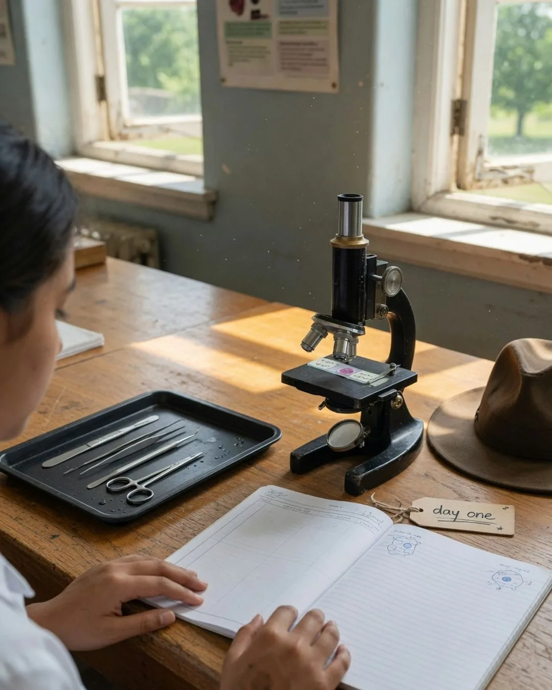 A wooden lab bench in summer light: microscope, tray of stainless dissection instruments, an open lab notebook, and a brown felt fedora; a small wooden tag tied with twine reads 'DAY 1'.