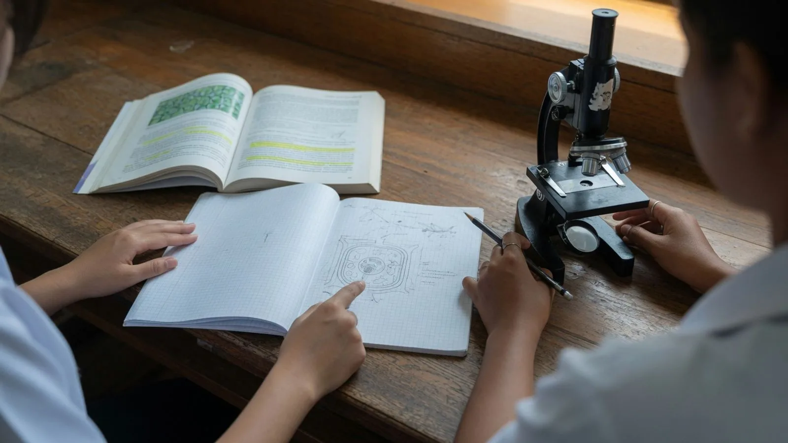 Over-the-shoulder view of one-on-one tutoring at a wooden bench: an open biology textbook, a lab notebook, and a shared compound microscope.