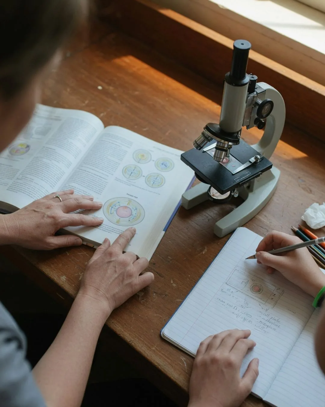 Over-the-shoulder view of one-on-one tutoring: an open biology textbook, a lab notebook with a half-finished labeled diagram, and a shared compound microscope.