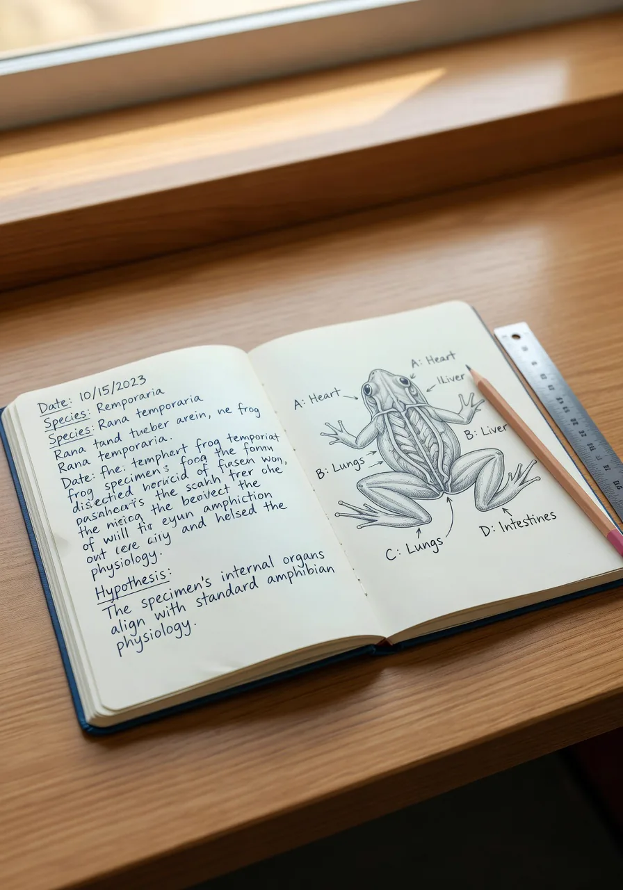 An open lab notebook on a wooden bench with hand-drawn observations and dated entries.