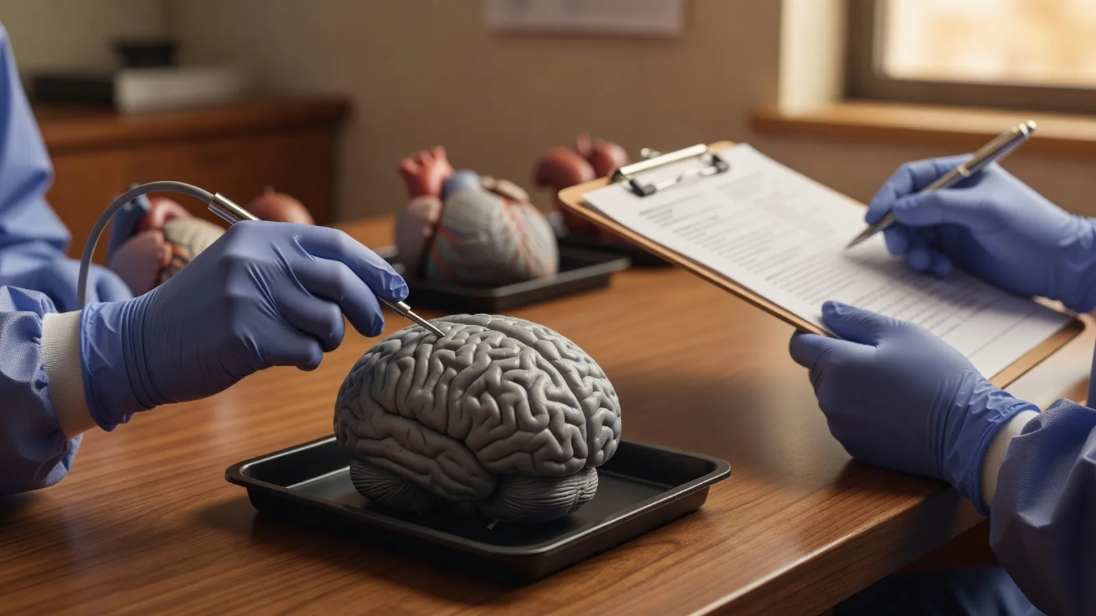 A student's gloved hand using a stainless probe to identify a structure on a preserved sheep brain on a black dissection tray; an instructor's clipboard with a grading rubric is visible in soft focus, with additional organ specimens (a heart, a kidney pair) on trays in the background.