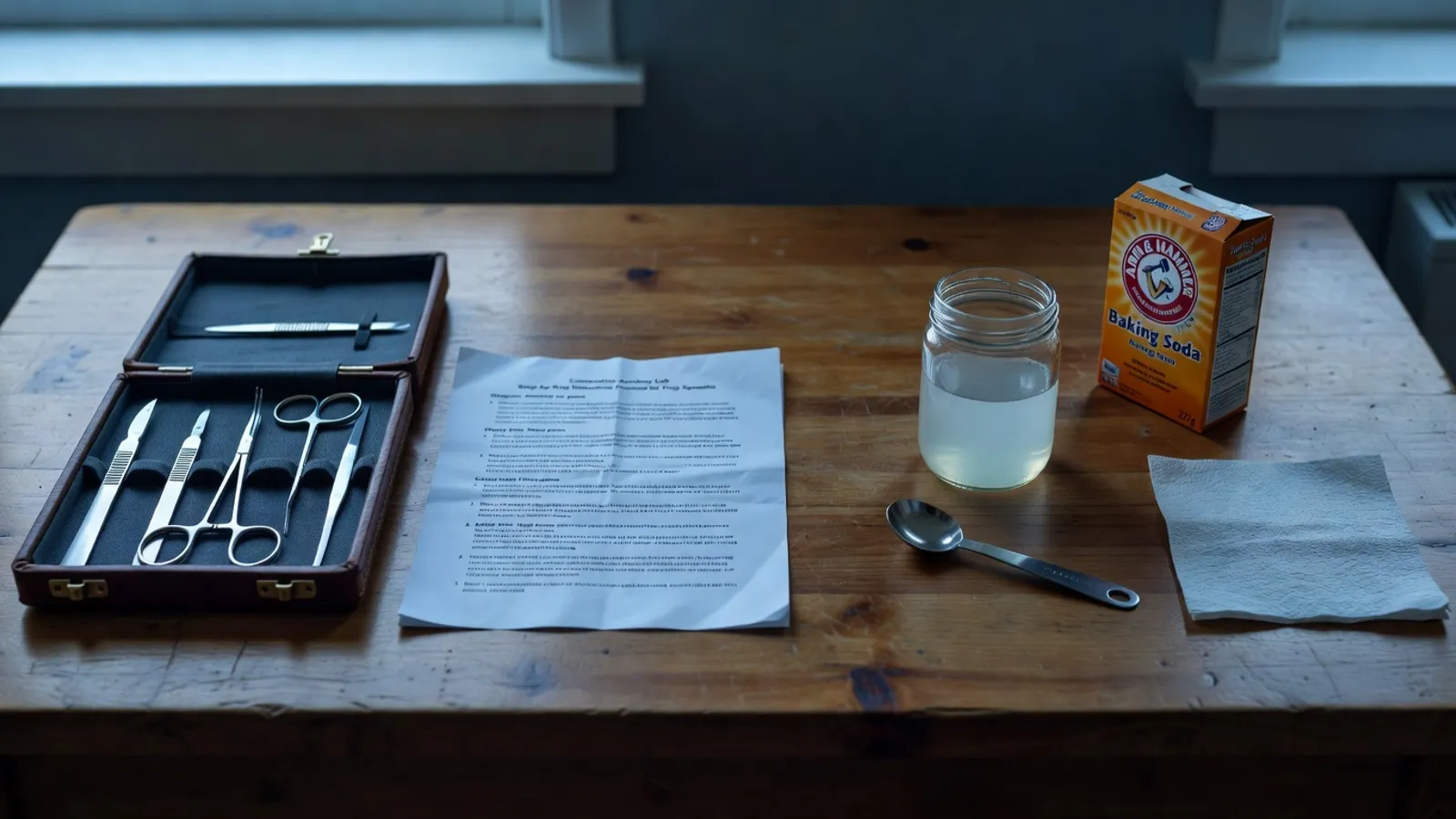 A wooden bench with two arrangements side by side: on the left, a clean instrument case with a quality dissection kit and a peer-instruction worksheet; on the right, a small bundle of marshmallows and dry spaghetti with a tape measure. Both lit equally, no judgment in the lighting.