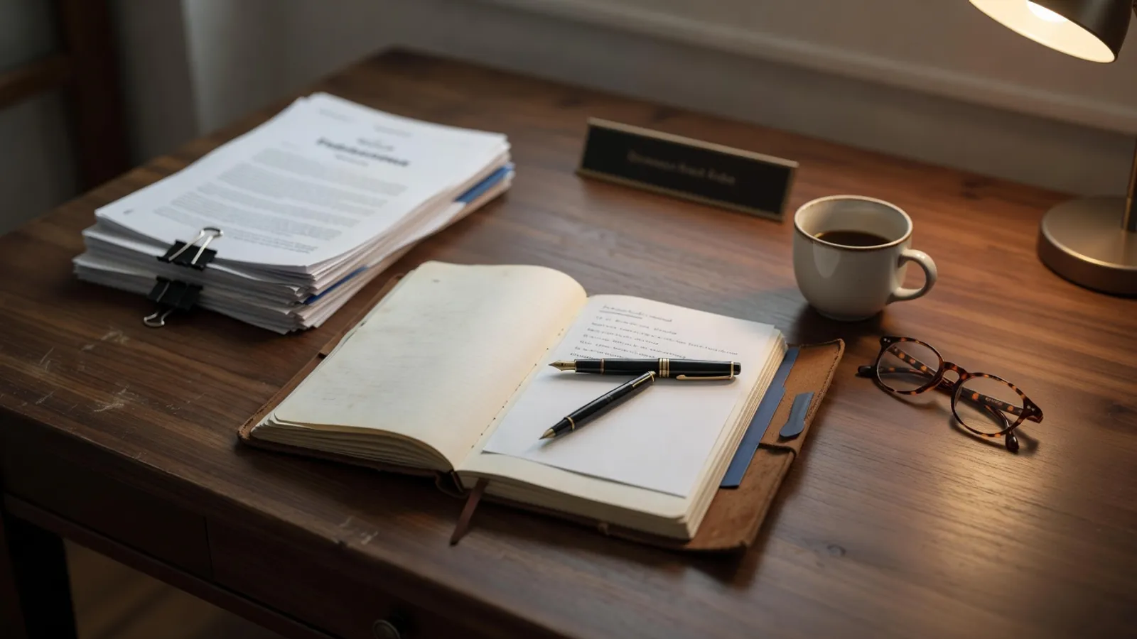 An administrator's desk seen from above: an open notebook with a single sheet of typed notes; a stack of journal articles; a fountain pen; a coffee cup; warm desk-lamp light. No nameplate. The mood is reflective, not performative.