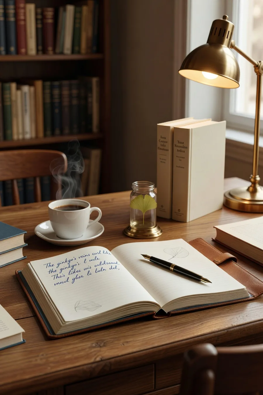 A writer's wooden desk at late afternoon: an open leather notebook with handwritten observations, a fountain pen resting across the page mid-sentence, a porcelain coffee cup with steam still curling, a small ginkgo leaf in a glass specimen jar on a brass stand, two academic books, and a brass desk lamp. A bookshelf of academic spines is in soft focus behind.
