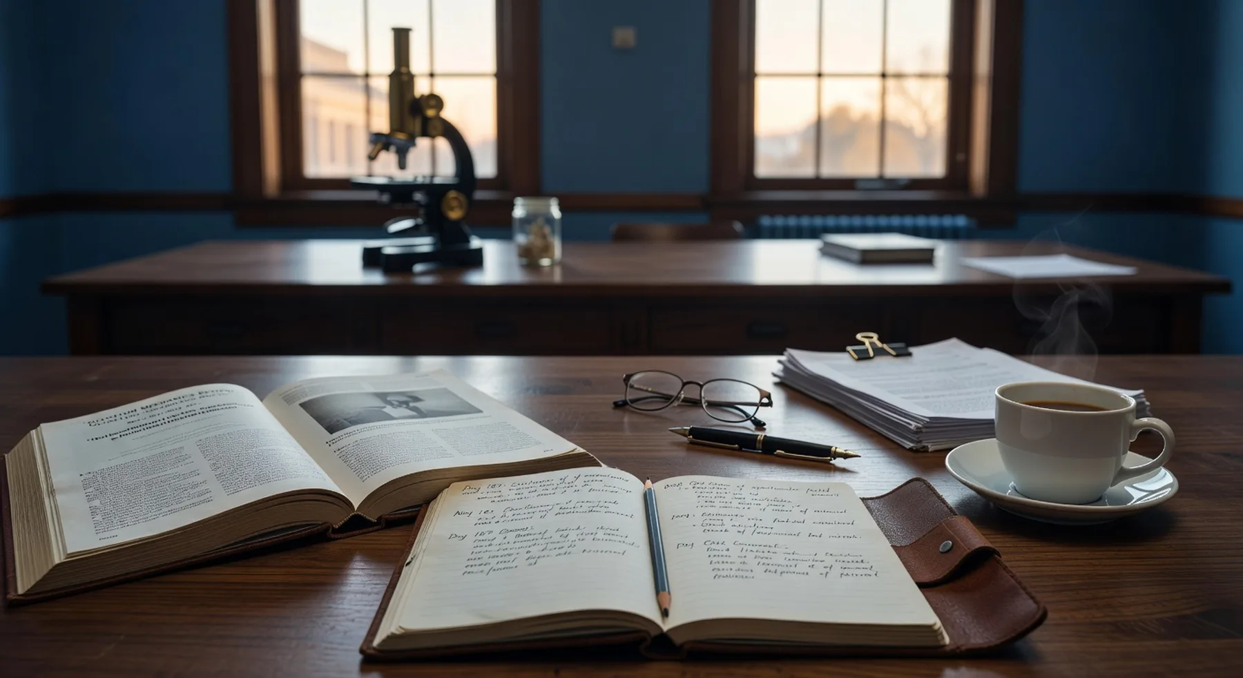 A scholar's bench at late afternoon: an open hardcover academic journal, a leather-bound notebook with handwritten notes, a fountain pen, reading glasses, a stack of journal articles, and a porcelain cup of coffee. A microscope is silhouetted against a tall library window with warm sunset light.